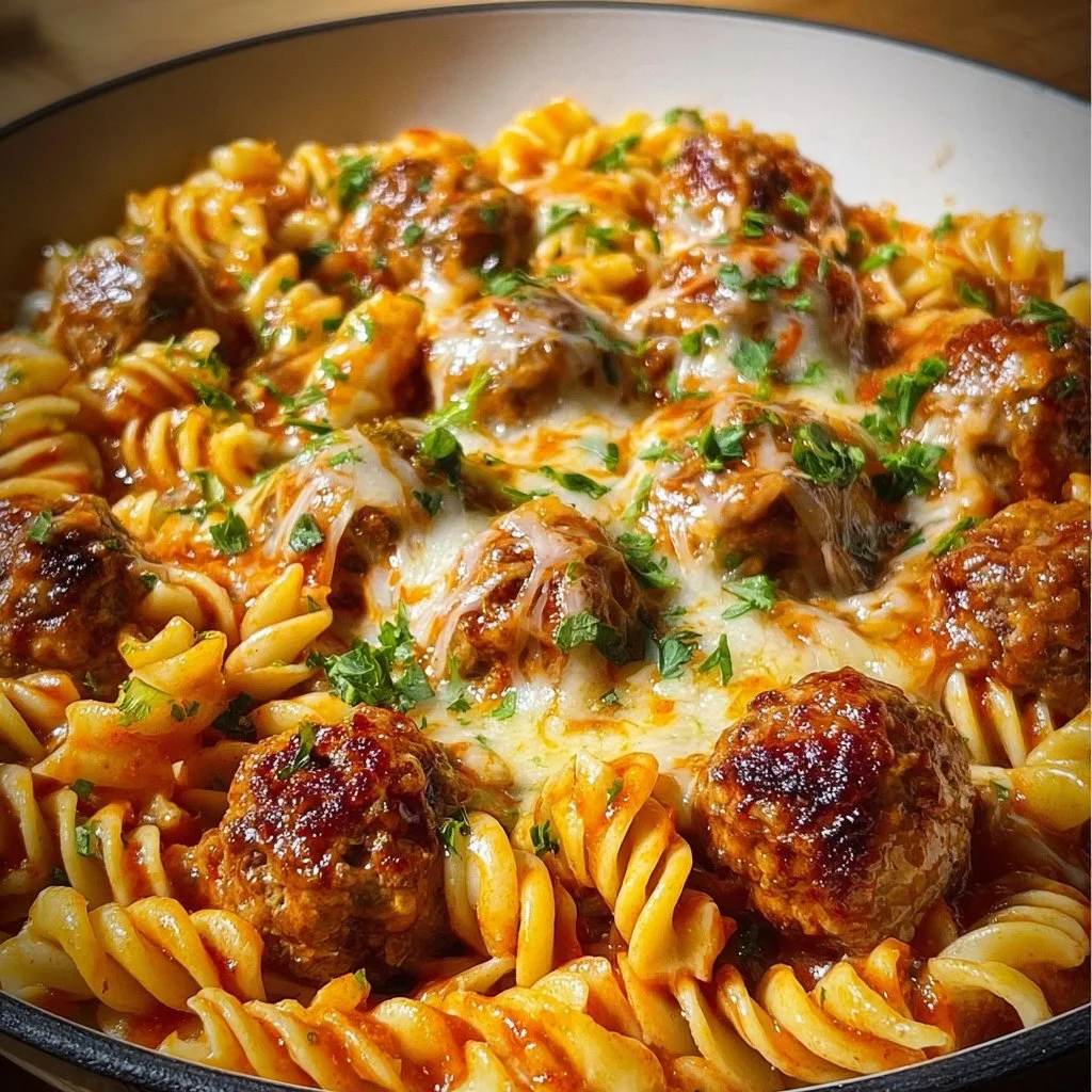 BBQ Ranch Meatball and Cheddar Pasta Skillet served in a skillet dish