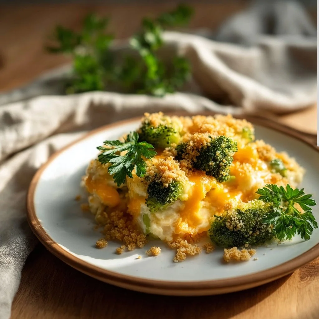 Cheesy broccoli casserole baking dish ready to serve, topped with melted cheese.