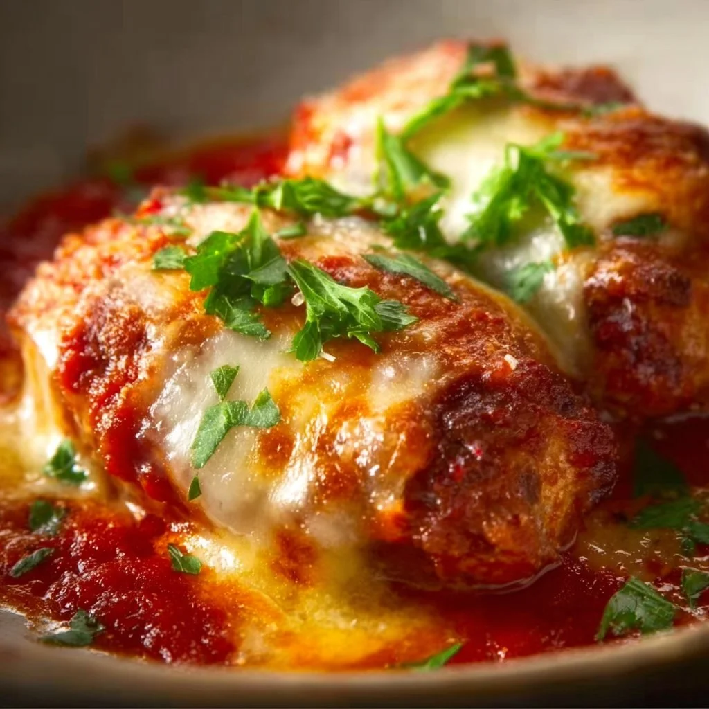 Cheesy Italian sausage dish garnished with herbs and cheese