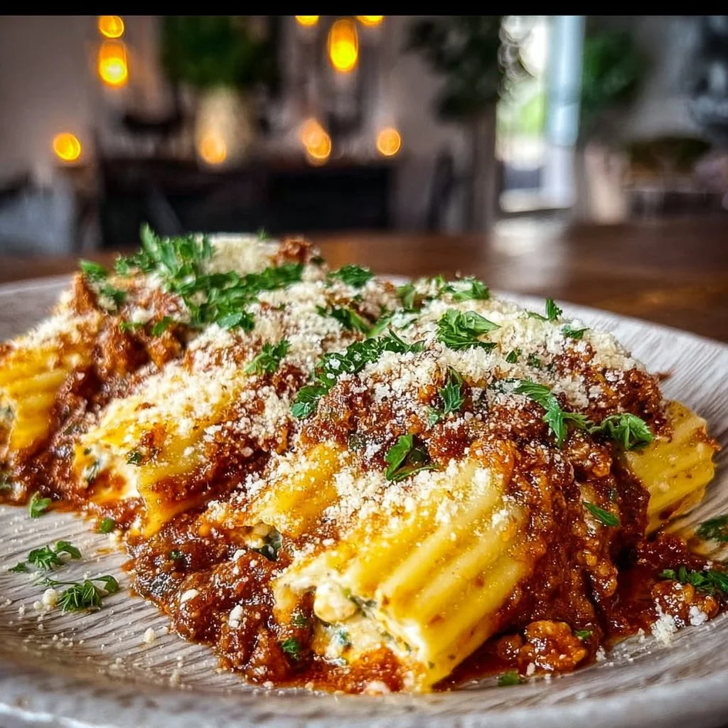 Delicious stuffed manicotti with meat sauce, a comforting dinner recipe.