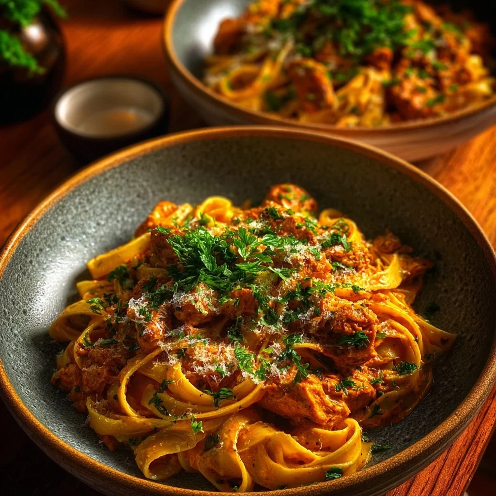 Delicious Cowboy Butter Chicken Pasta topped with herbs and spices.