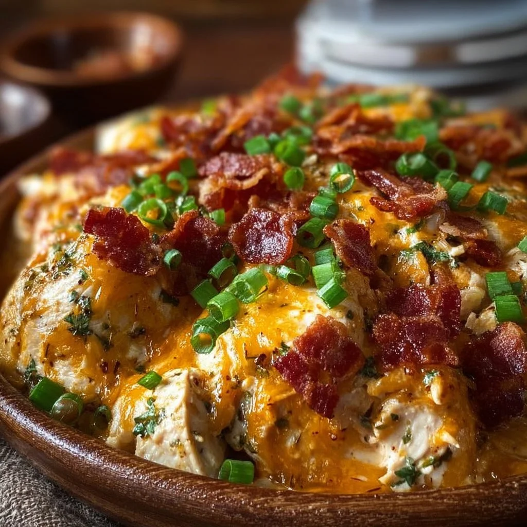 Plate of creamy keto crack chicken topped with bacon and cheddar sauce