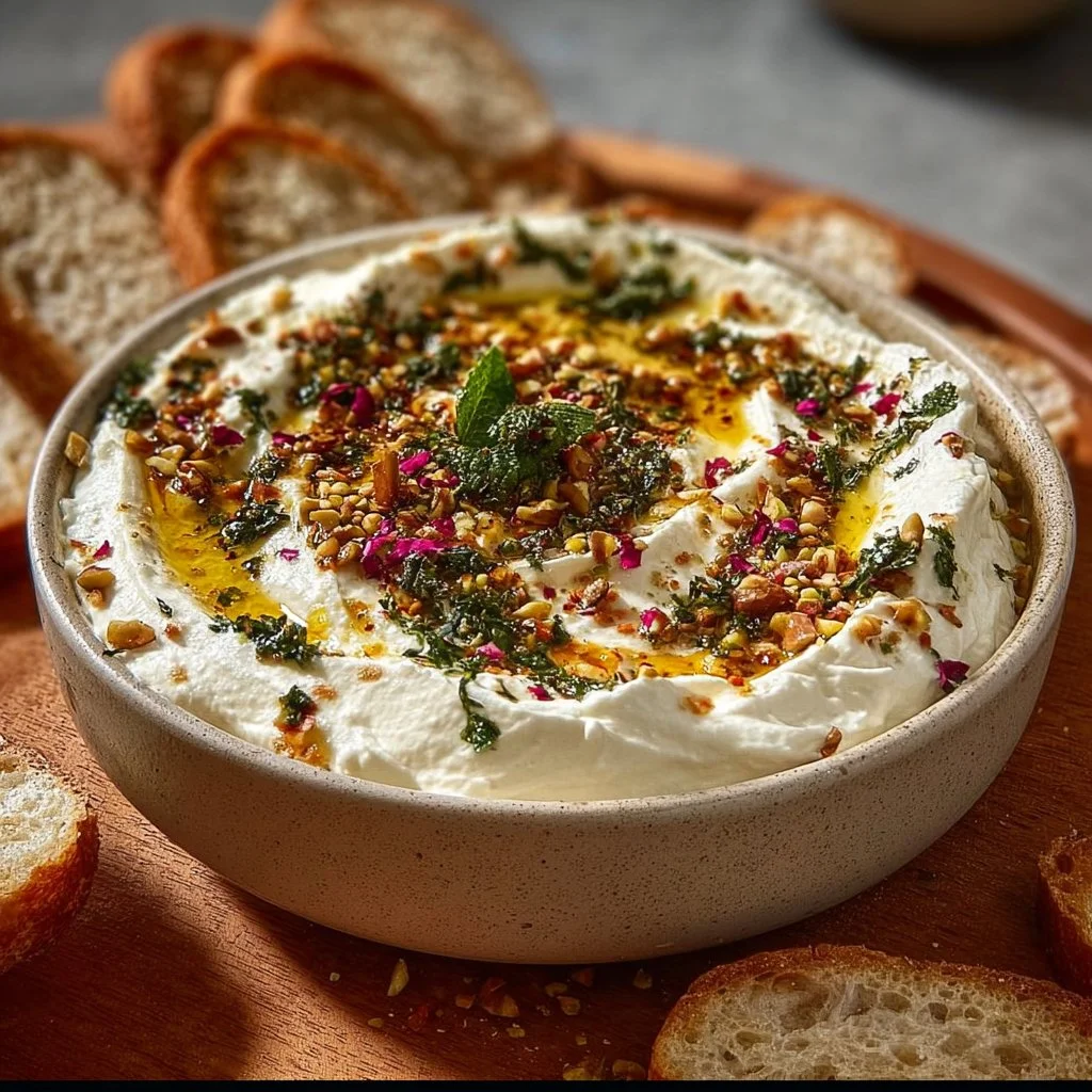Homemade creamy labneh spread with olive oil and Aleppo pepper garnish.
