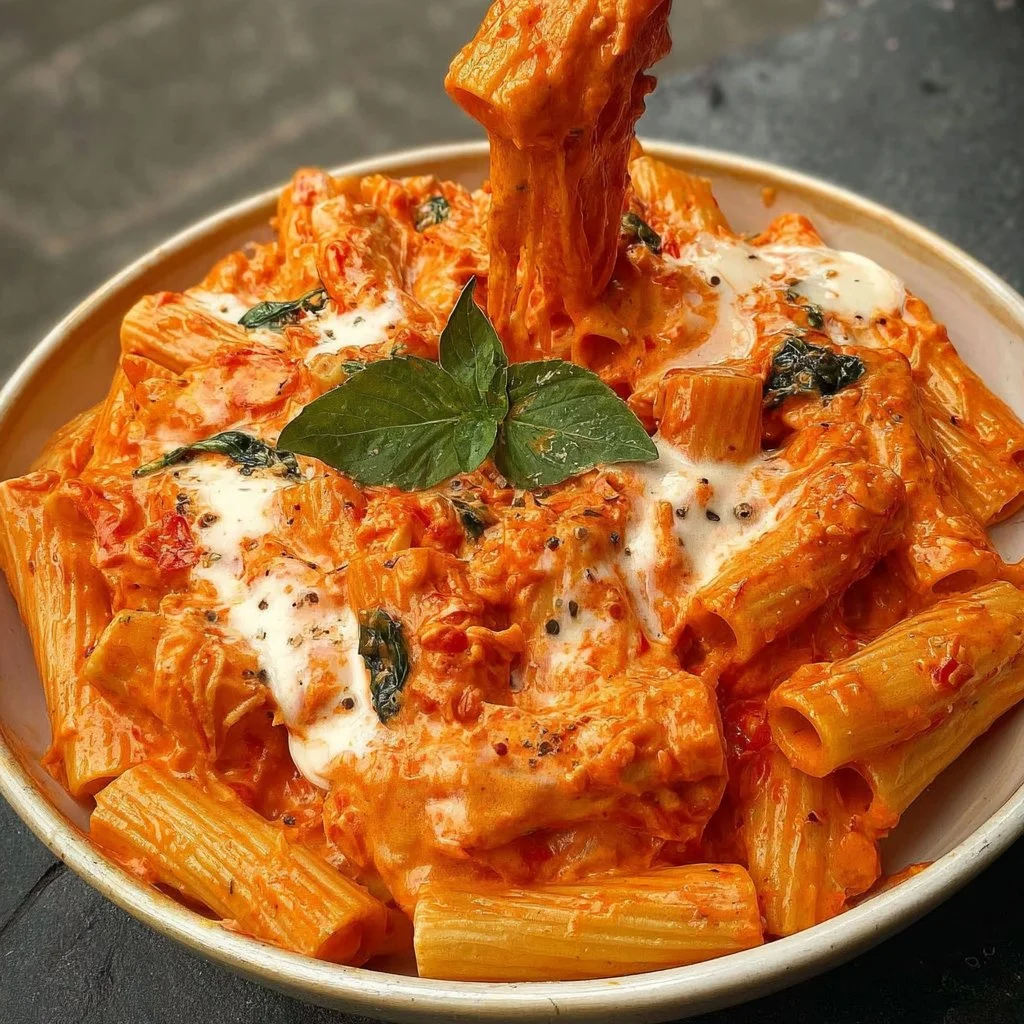 Creamy Mozzarella Tomato Rigatoni with fresh herbs and a rich sauce