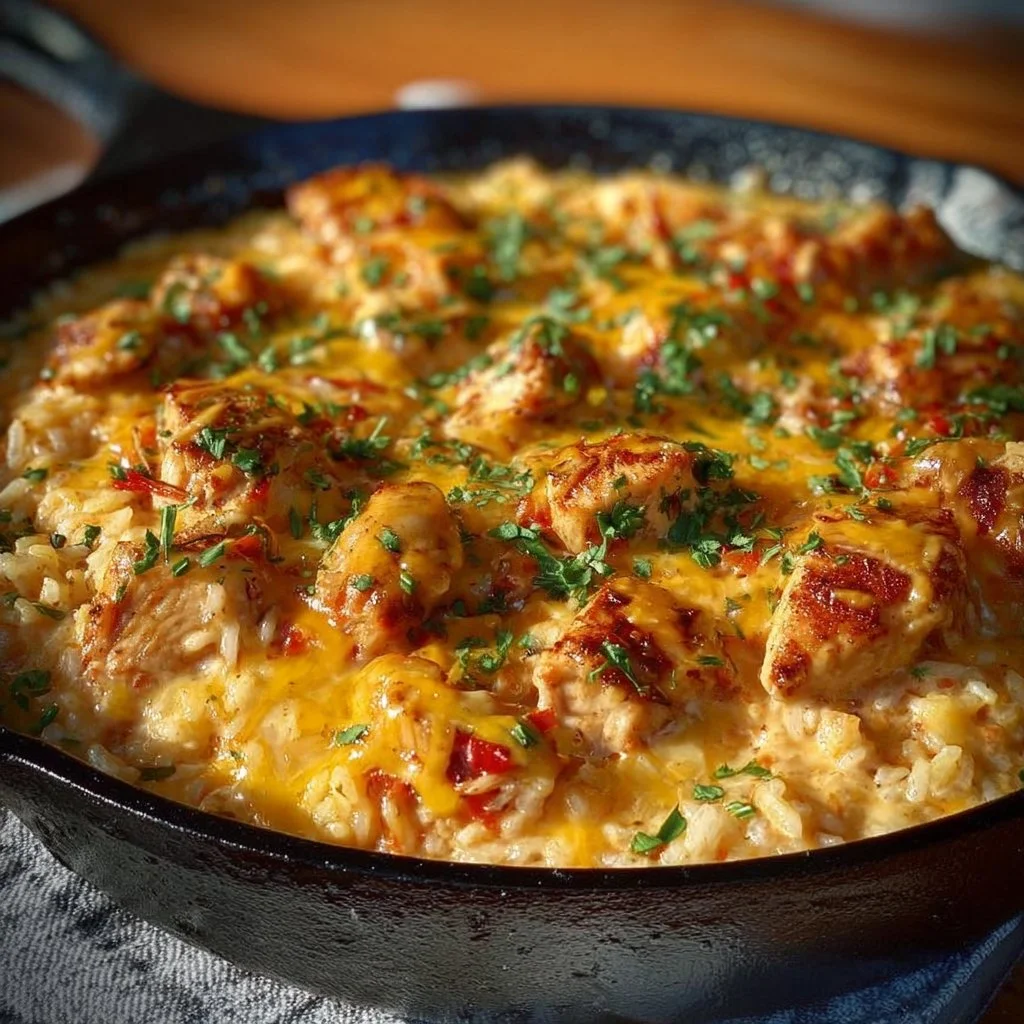 Creamy one pot queso chicken and rice dish garnished with fresh herbs