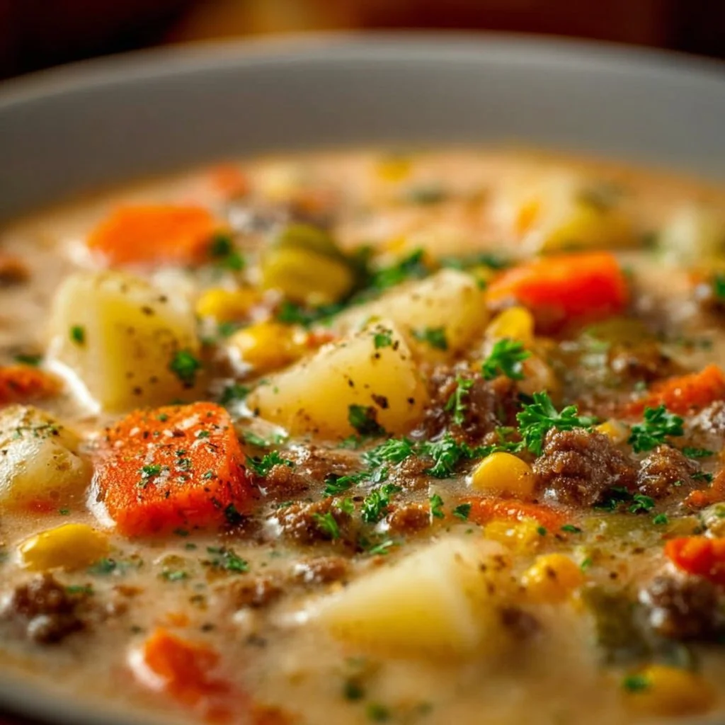 Delicious creamy potato hamburger soup served in a bowl