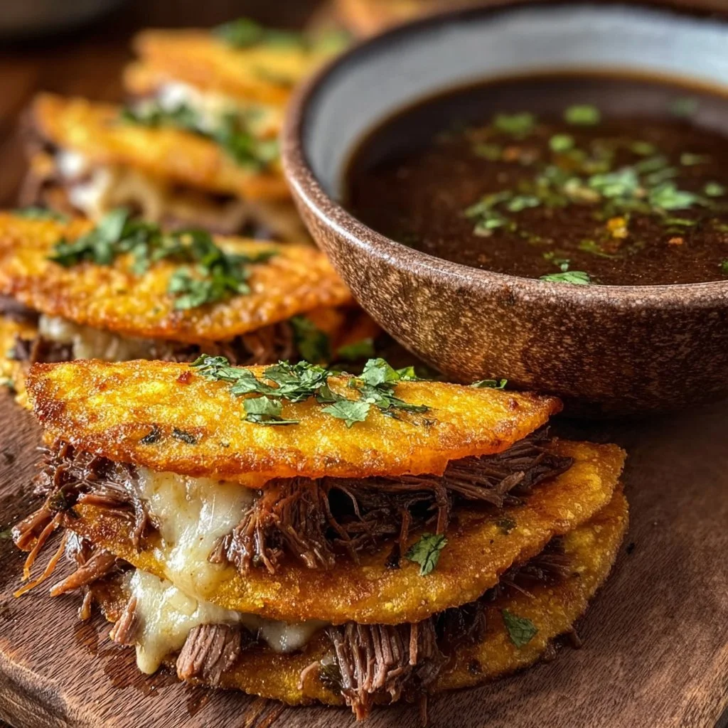 Crispy Birria Tacos with rich consommé dip served on a plate