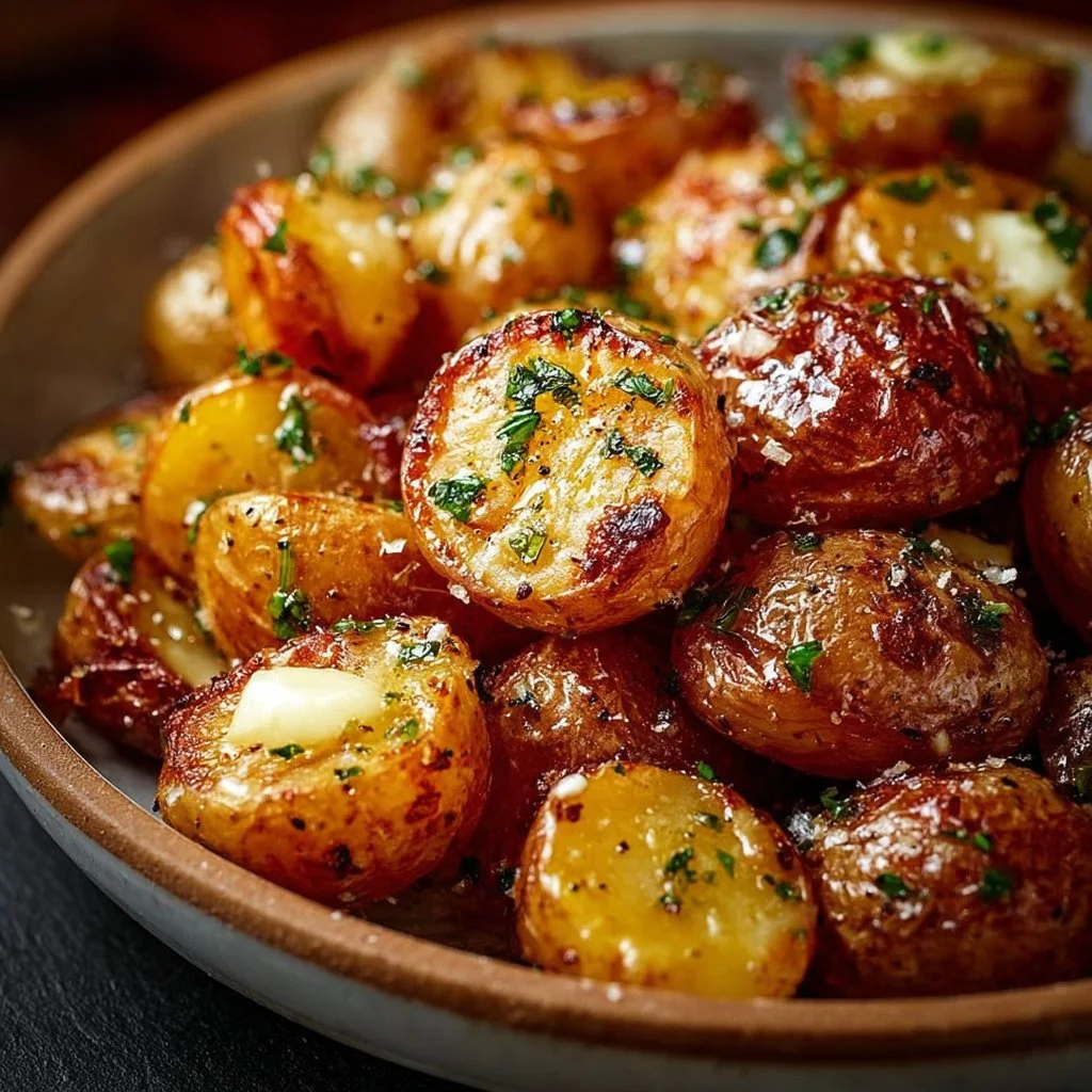 Crispy garlic butter potatoes garnished with herbs on a plate
