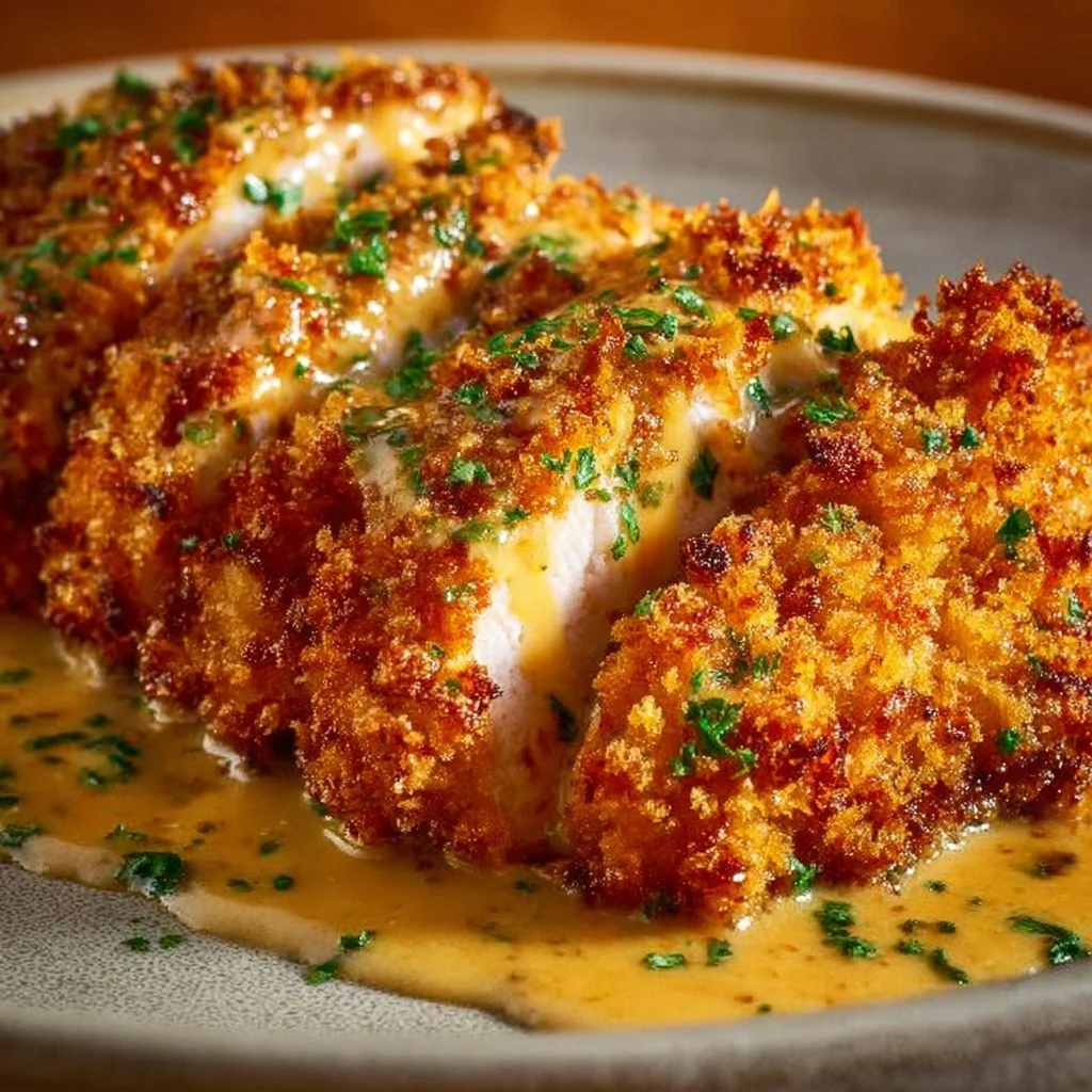 Crispy Parmesan Chicken topped with creamy garlic sauce served on a plate