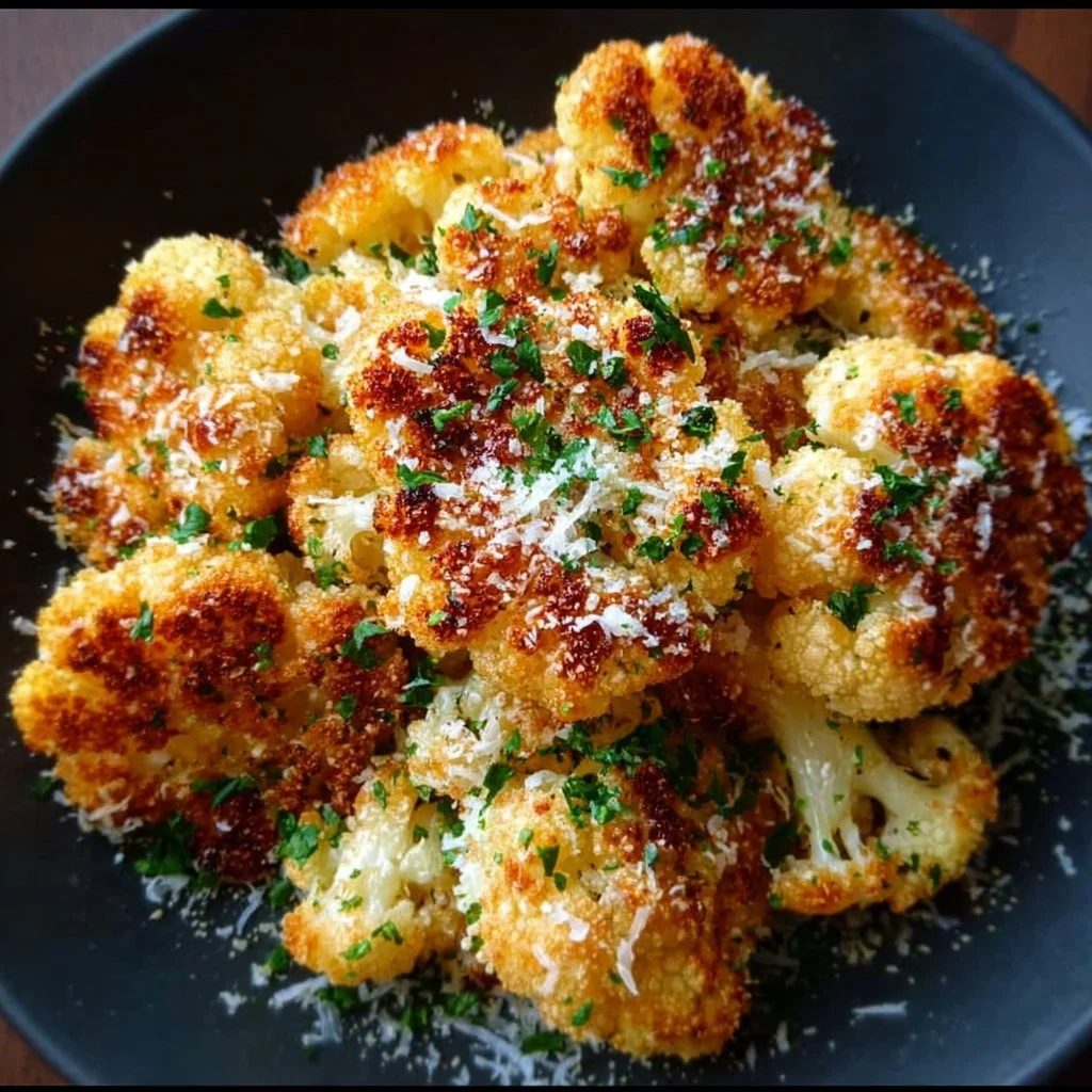 Crispy roasted cauliflower with Parmesan served on a plate