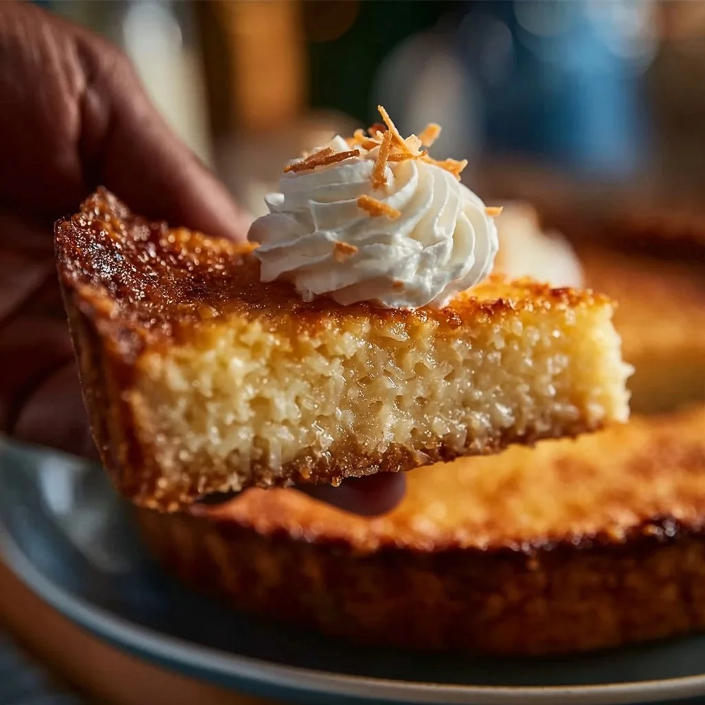 Delicious slice of easy Coconut Rum Pie with coconut flakes.