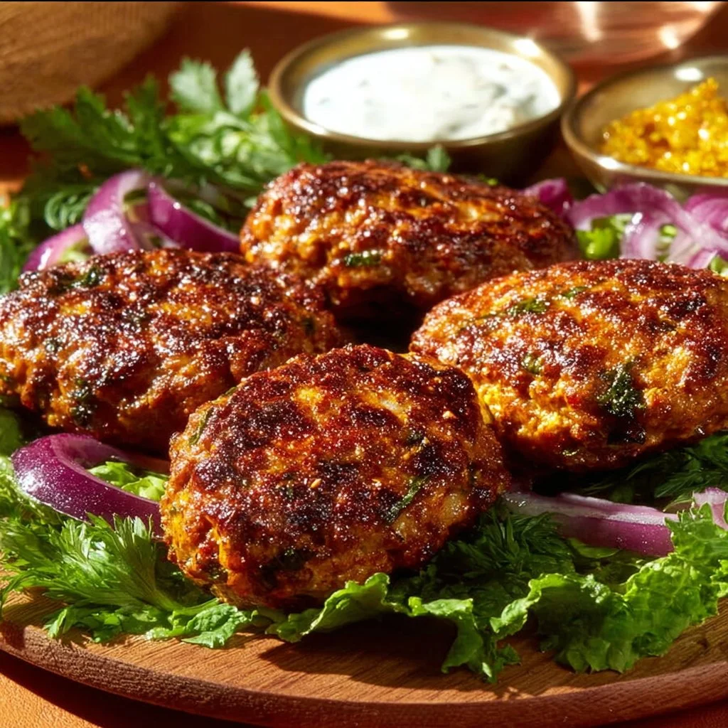 Delicious kofta kebabs served with garlic yogurt sauce on a plate.