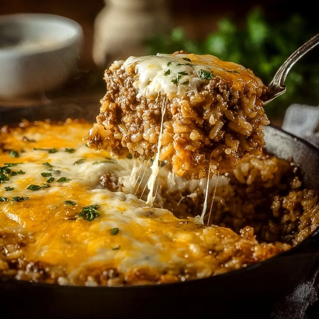 Delicious French Onion Ground Beef and Rice Casserole topped with melted cheese