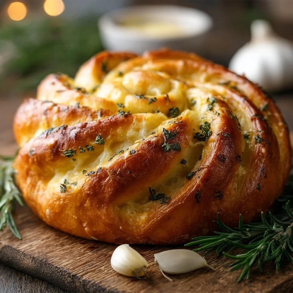 Freshly baked Garlic Herb Cheese Bread topped with herbs and melted cheese