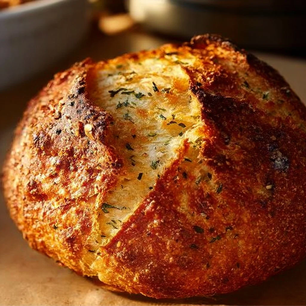 Freshly baked Garlic Herb Dutch Oven Bread with herbs