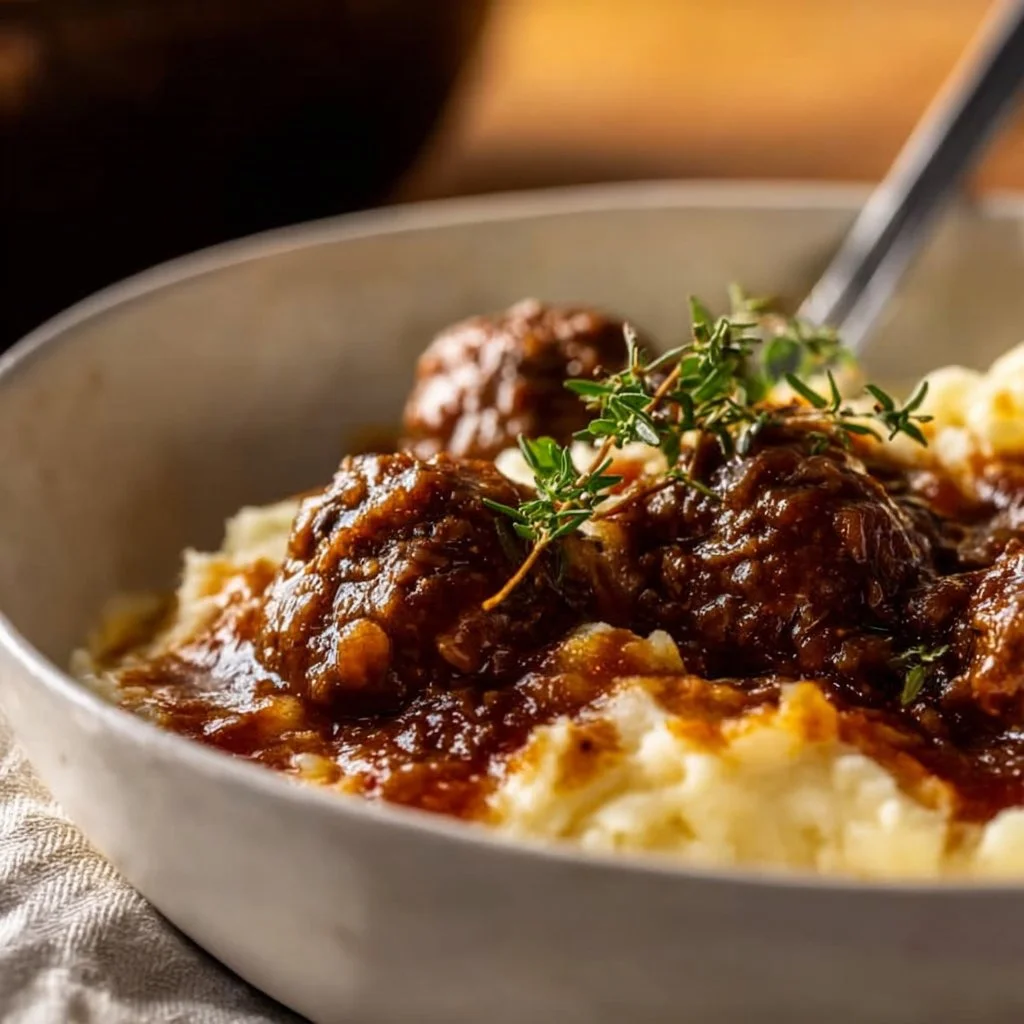 Ground beef and gravy served over fluffy mashed potatoes