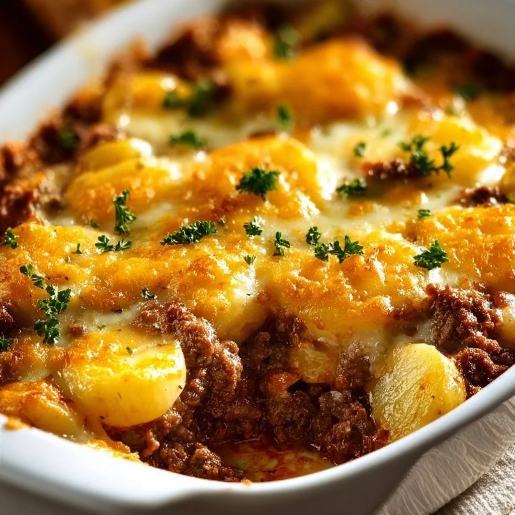 Hobo Casserole with Ground Beef and Potatoes in a baking dish