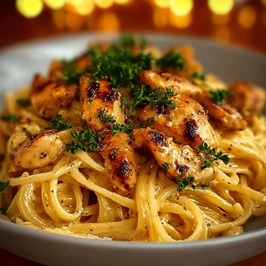 Savory Cowboy Butter Chicken Linguine served in a bowl with herbs sprinkled on top.