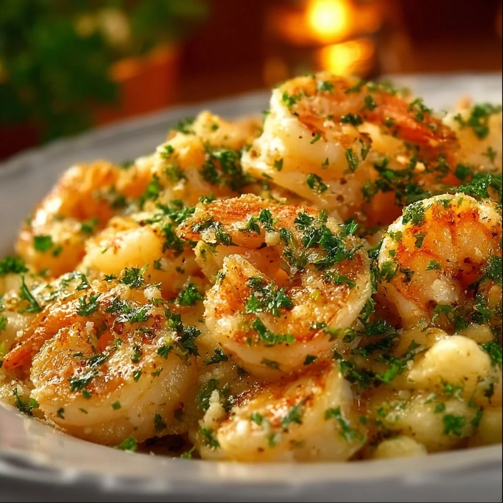 Creamy shrimp scampi pasta bake topped with herbs and cheese