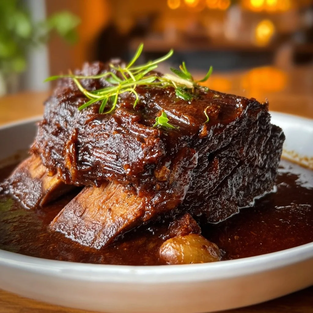 Slow cooked beef brisket served with sides on a rustic table