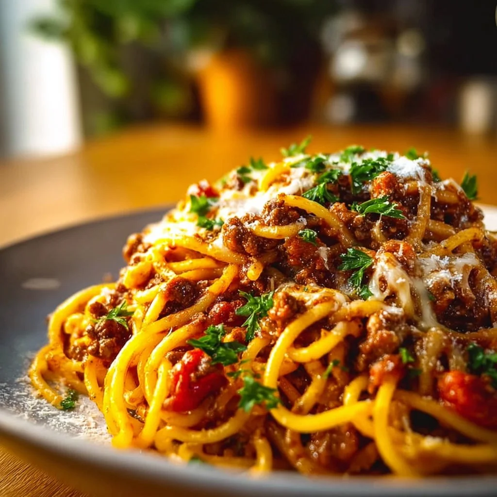 A plate of Taco Spaghetti topped with cheese and chopped cilantro.