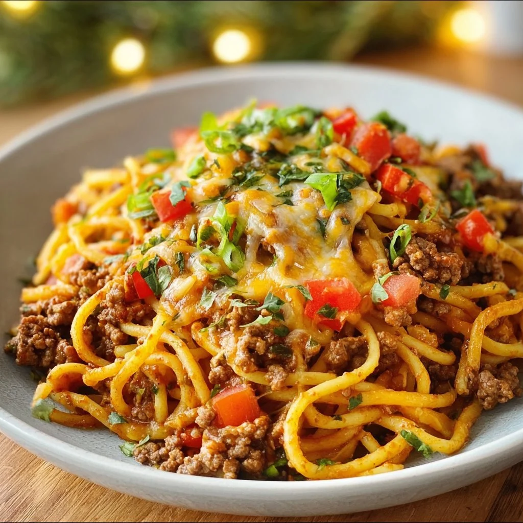 Delicious taco spaghetti served in a bowl with toppings