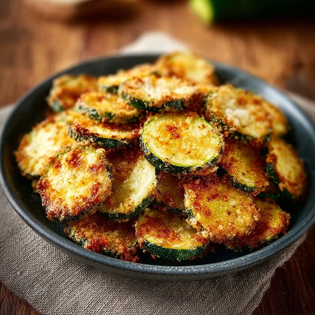 Crispy air fryer zucchini chips on a plate, perfect for a healthy snack.