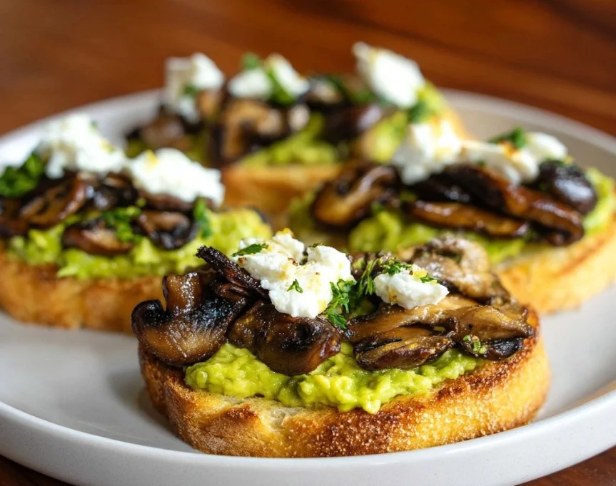 Avocado toast topped with sautéed mushrooms and goat cheese on a rustic wooden table
