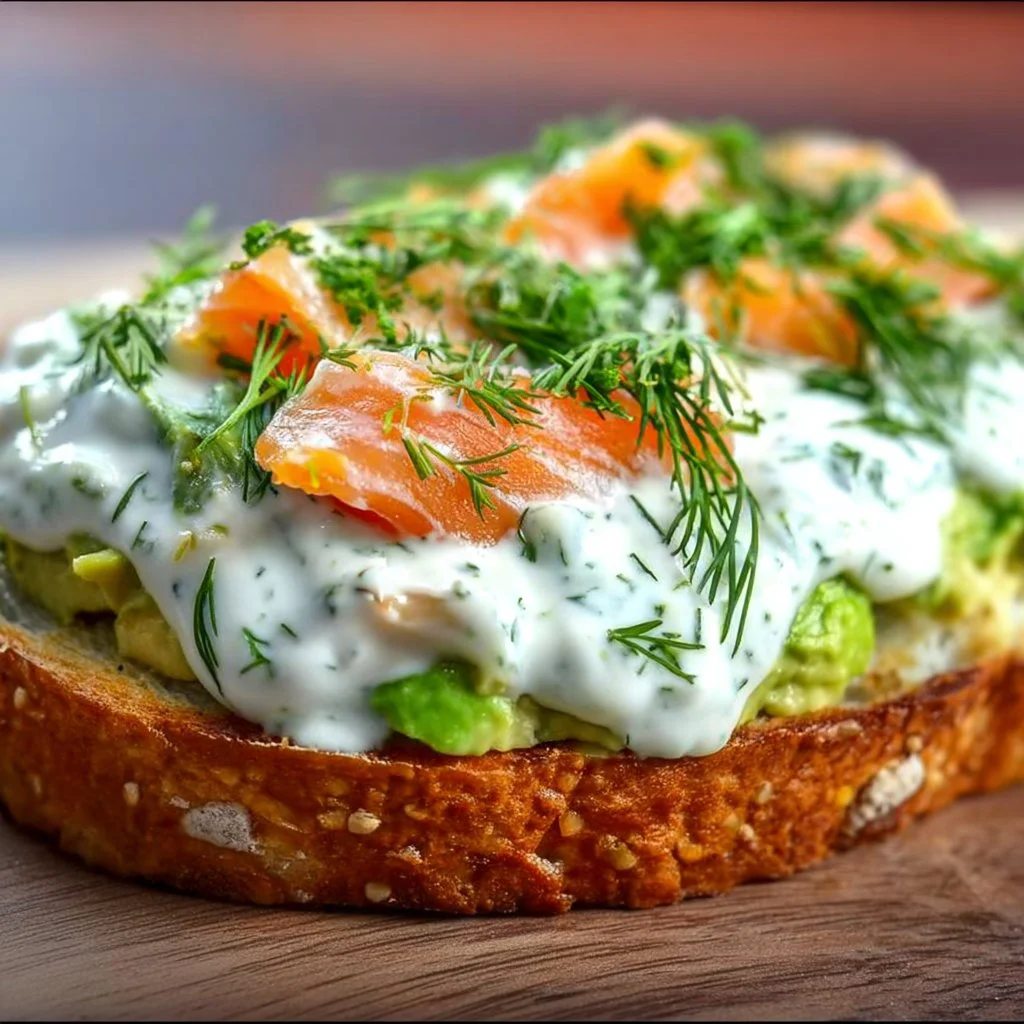 Avocado toast topped with smoked salmon, garnished with herbs and spices.