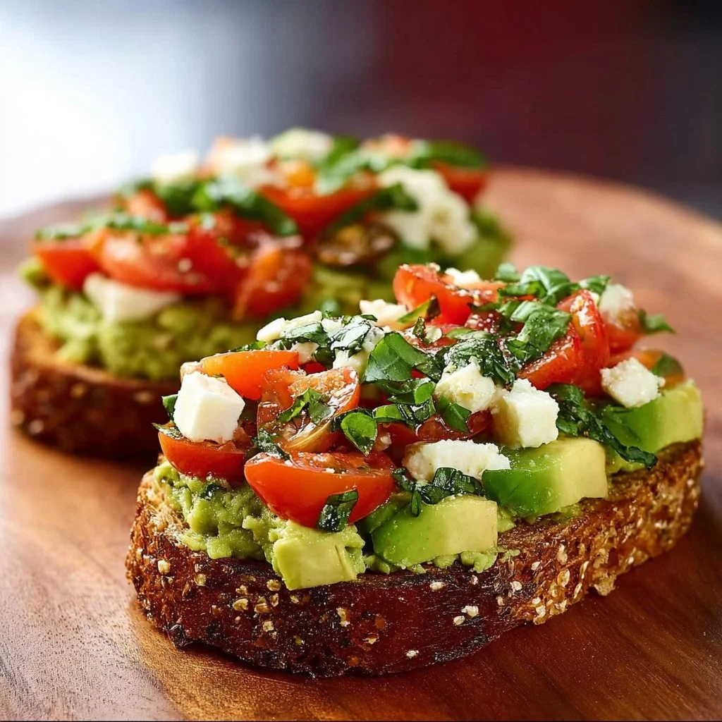 Avocado toast topped with tomatoes, basil, and mozzarella on a rustic wooden table