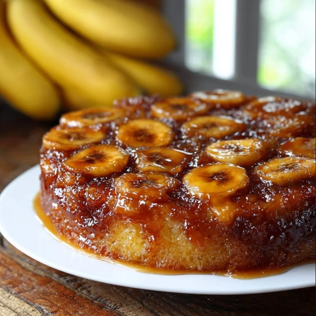 Delicious Banana Foster Upside Down Cake with caramelized bananas
