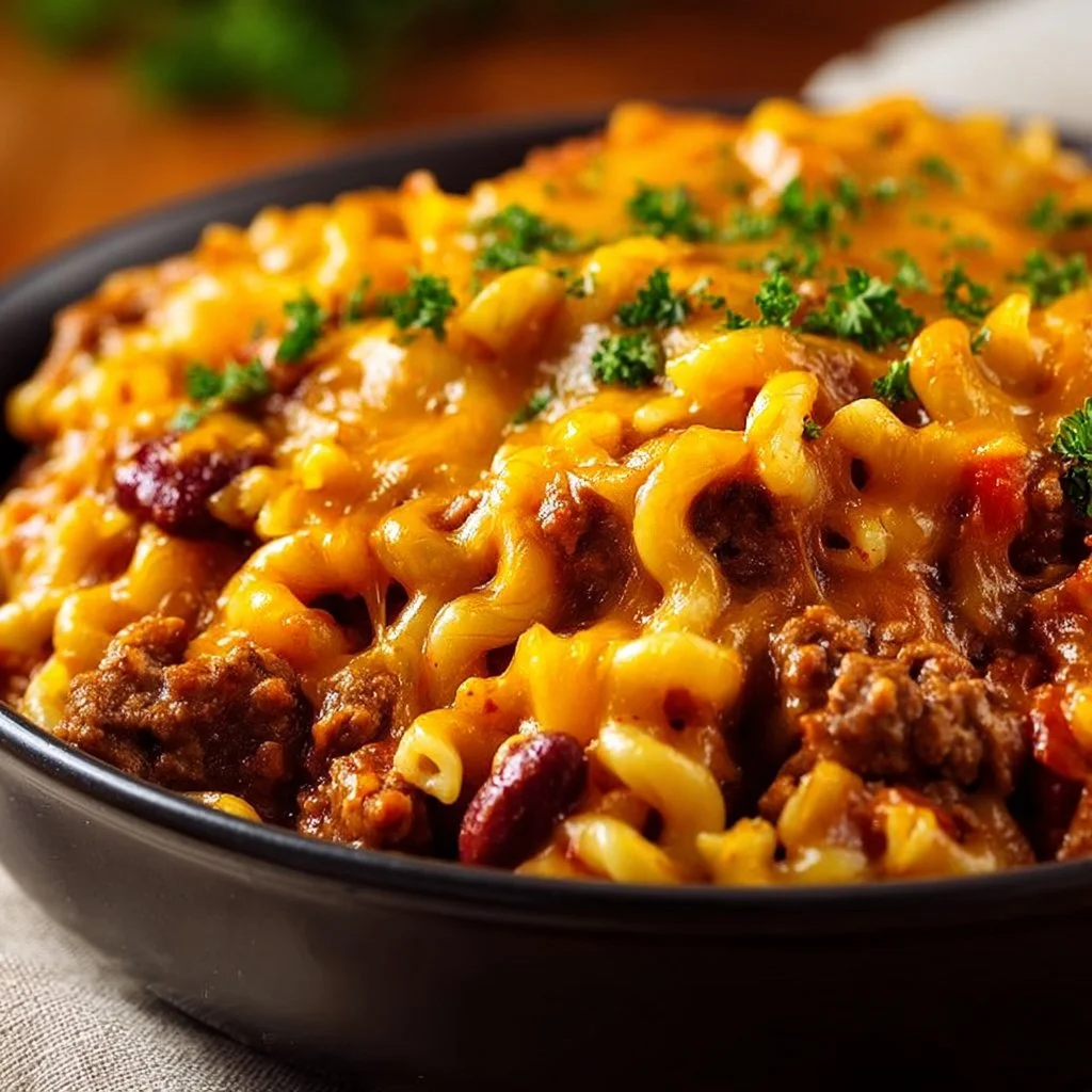 Delicious bowl of chili mac topped with cheese and green onions