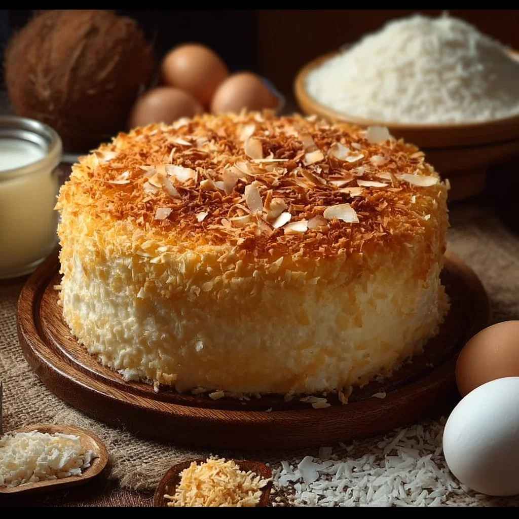 Delicious slice of best coconut custard cake with coconut flakes on top