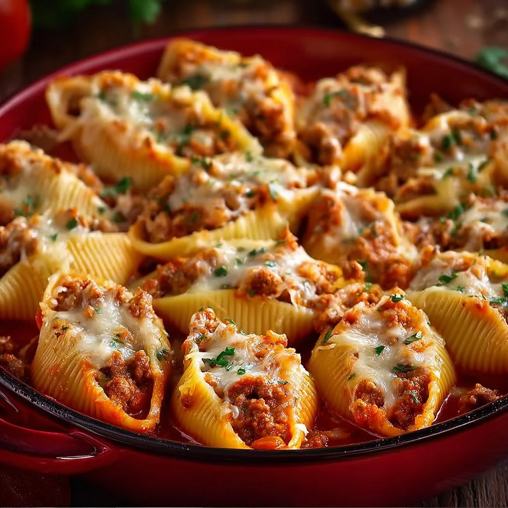 Delicious stuffed shells filled with ground beef and cheese