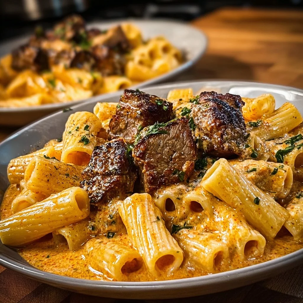 Cajun steak tips served with creamy Parmesan rigatoni dish