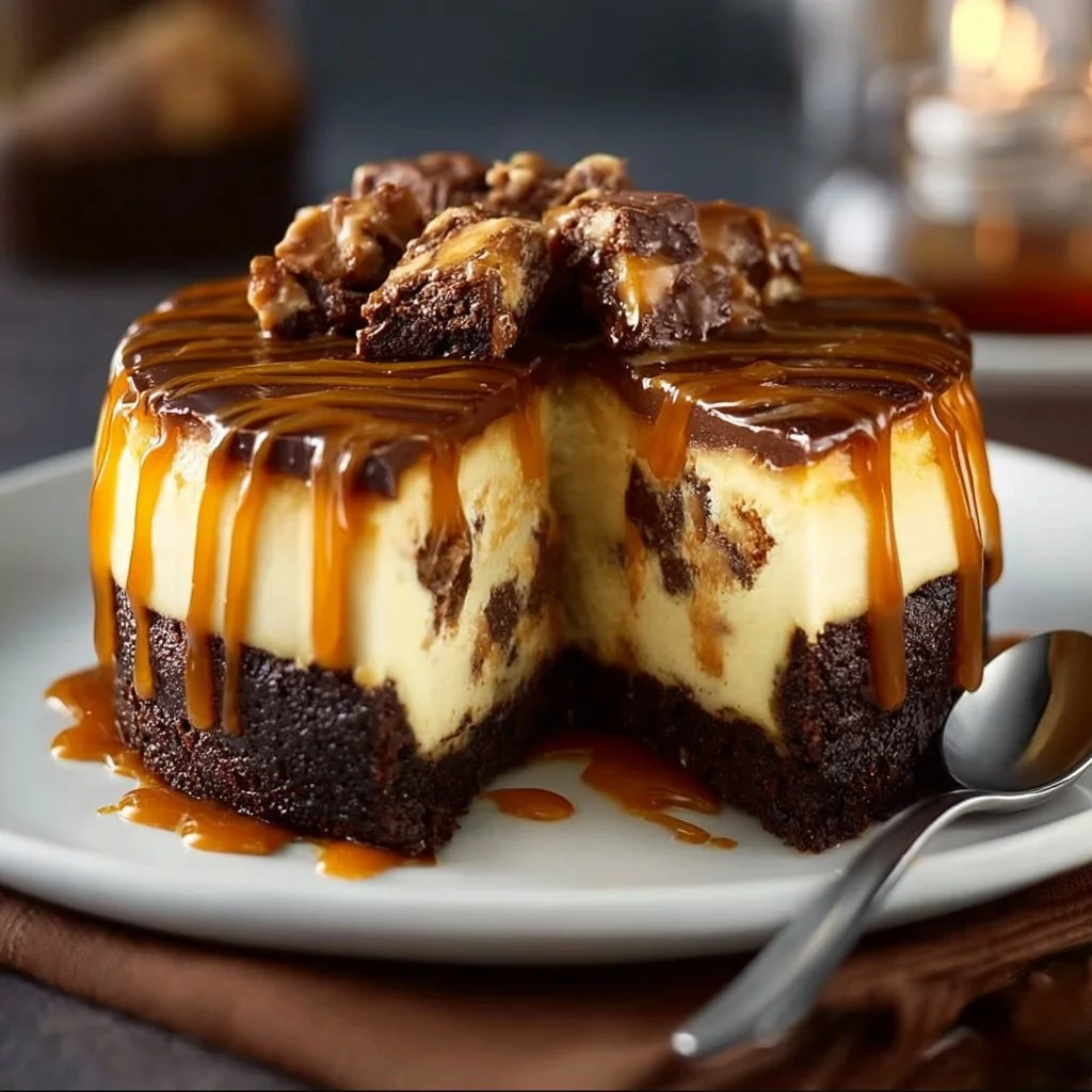 Delicious caramel brownie cheesecake topped with chocolate drizzle and nuts