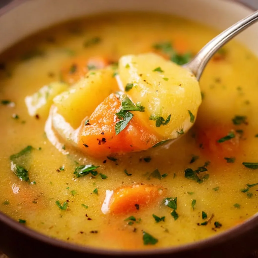 Bowl of creamy Carrot Potato Soup garnished with herbs and served with bread.