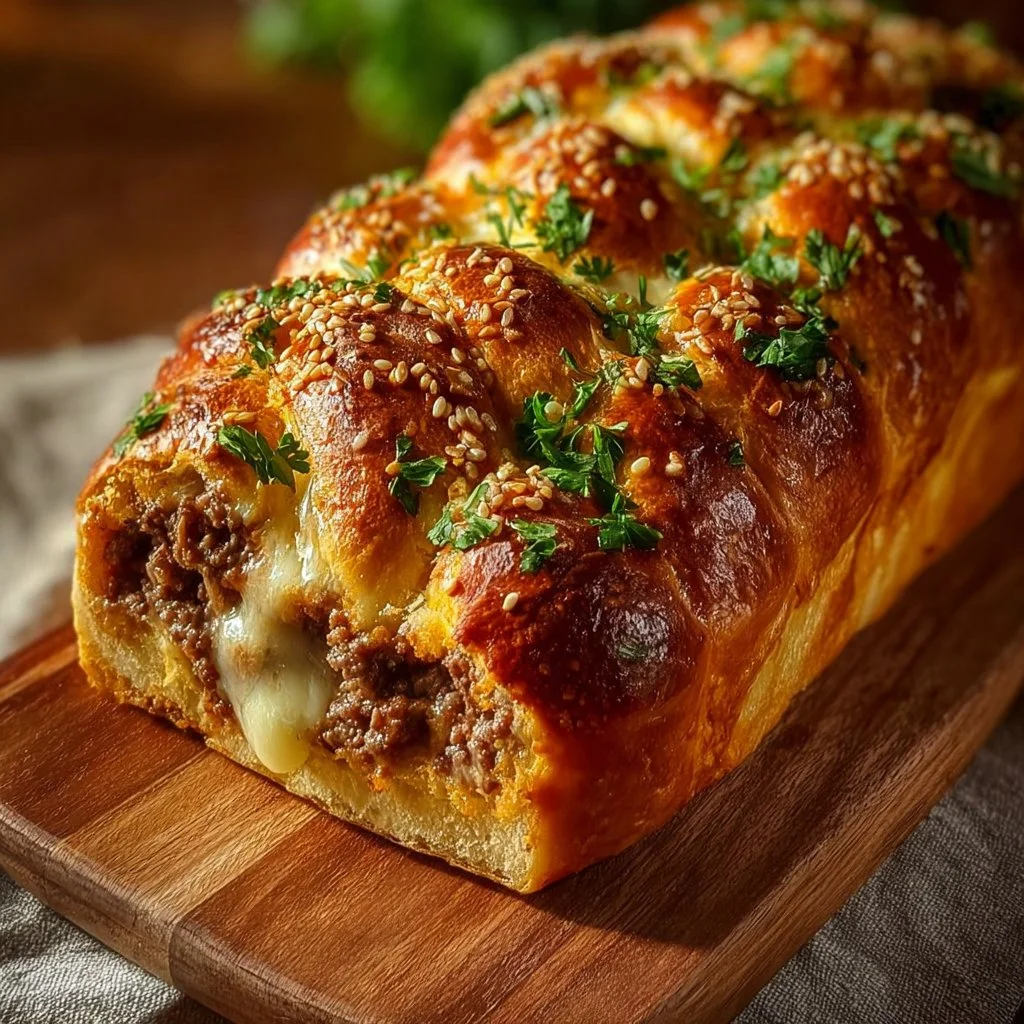 Cheesesteak stuffed garlic bread loaf fresh out of the oven
