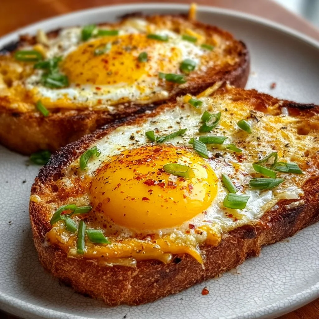 Delicious cheesy egg toast topped with melted cheese and eggs on crispy bread.