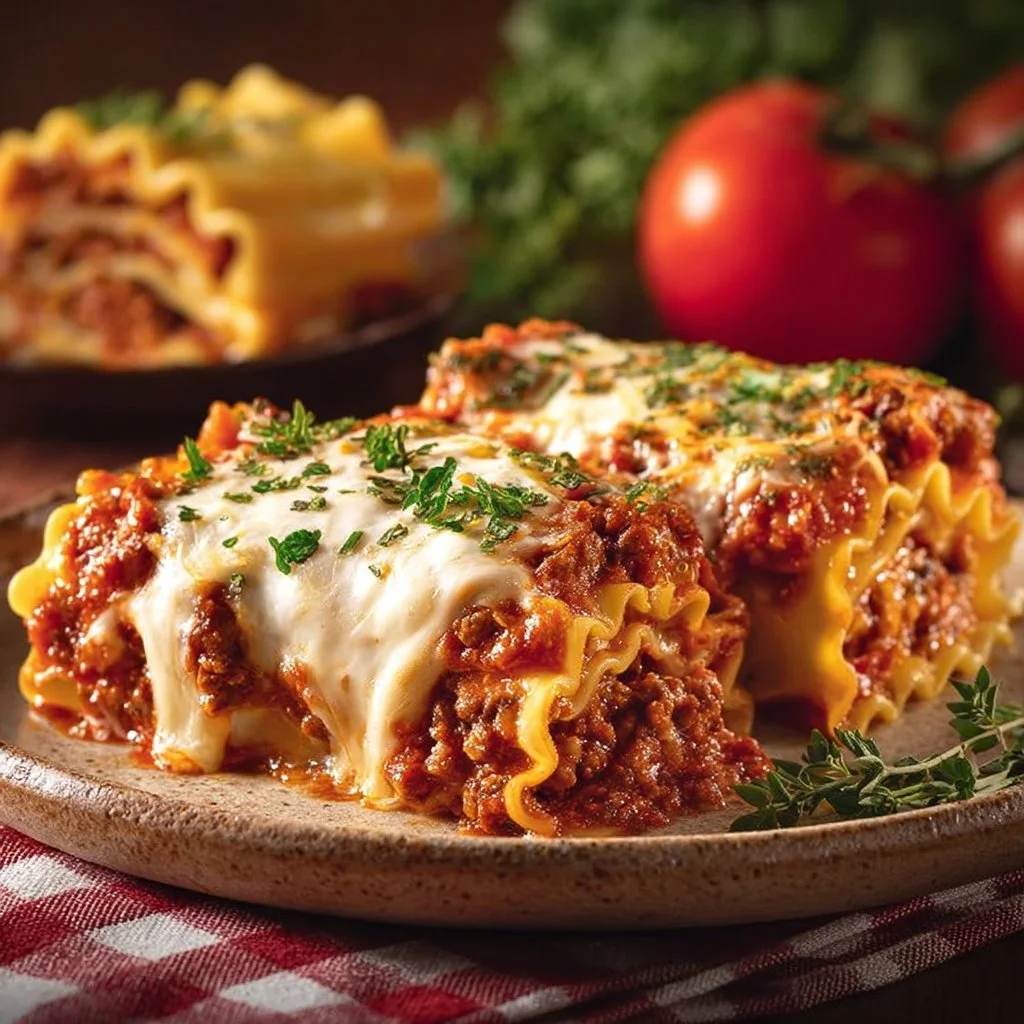 Cheesy Ground Beef Lasagna Roll Ups ready to serve