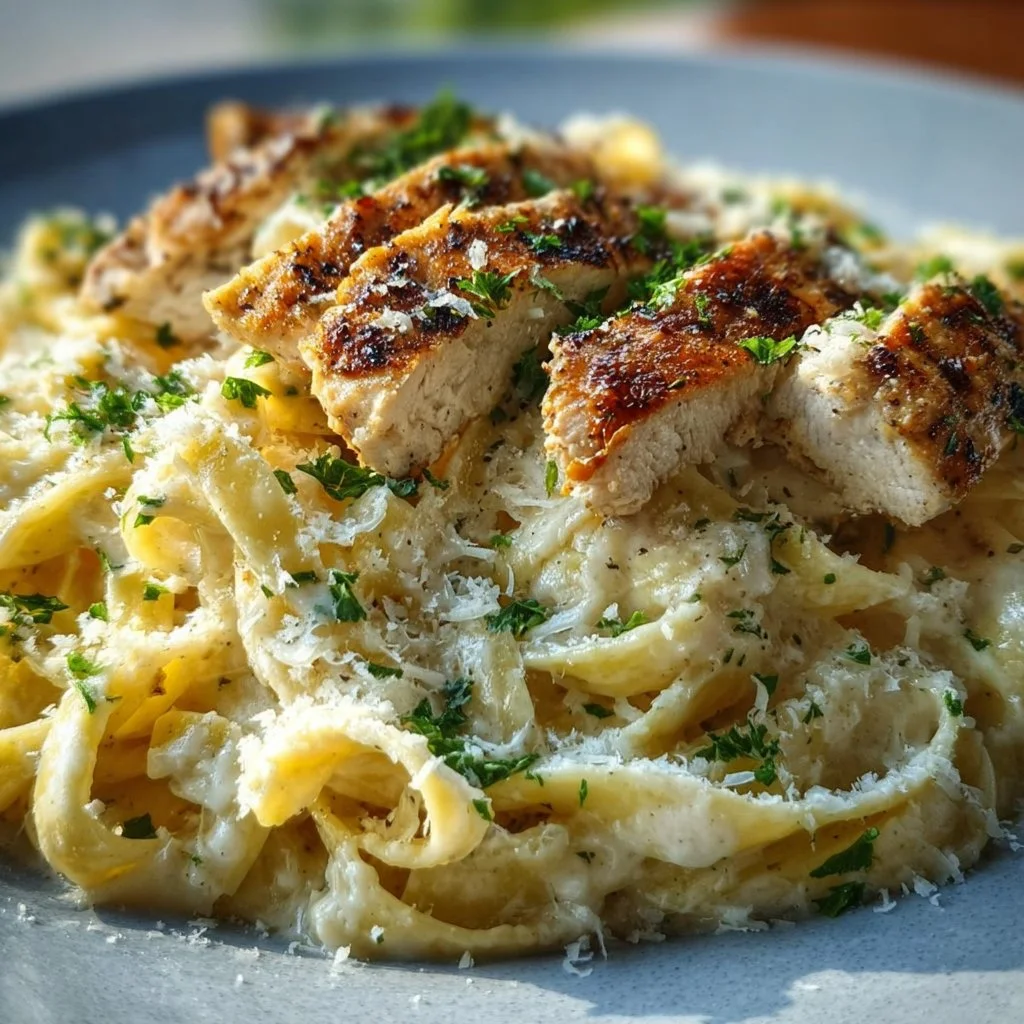 A delicious bowl of Chicken Alfredo pasta topped with grilled chicken and parsley
