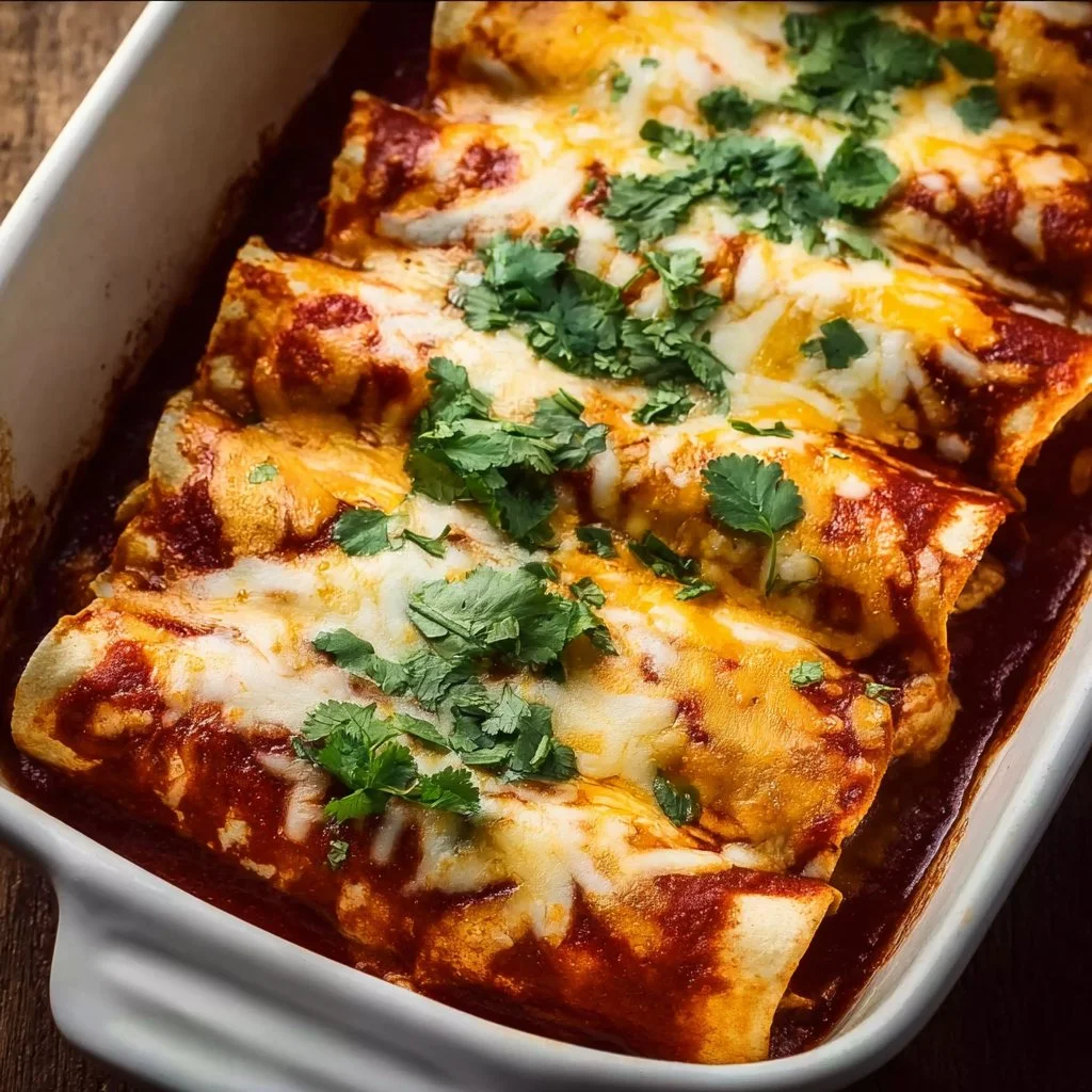 A plate of homemade Chicken Enchiladas topped with cheese and salsa.