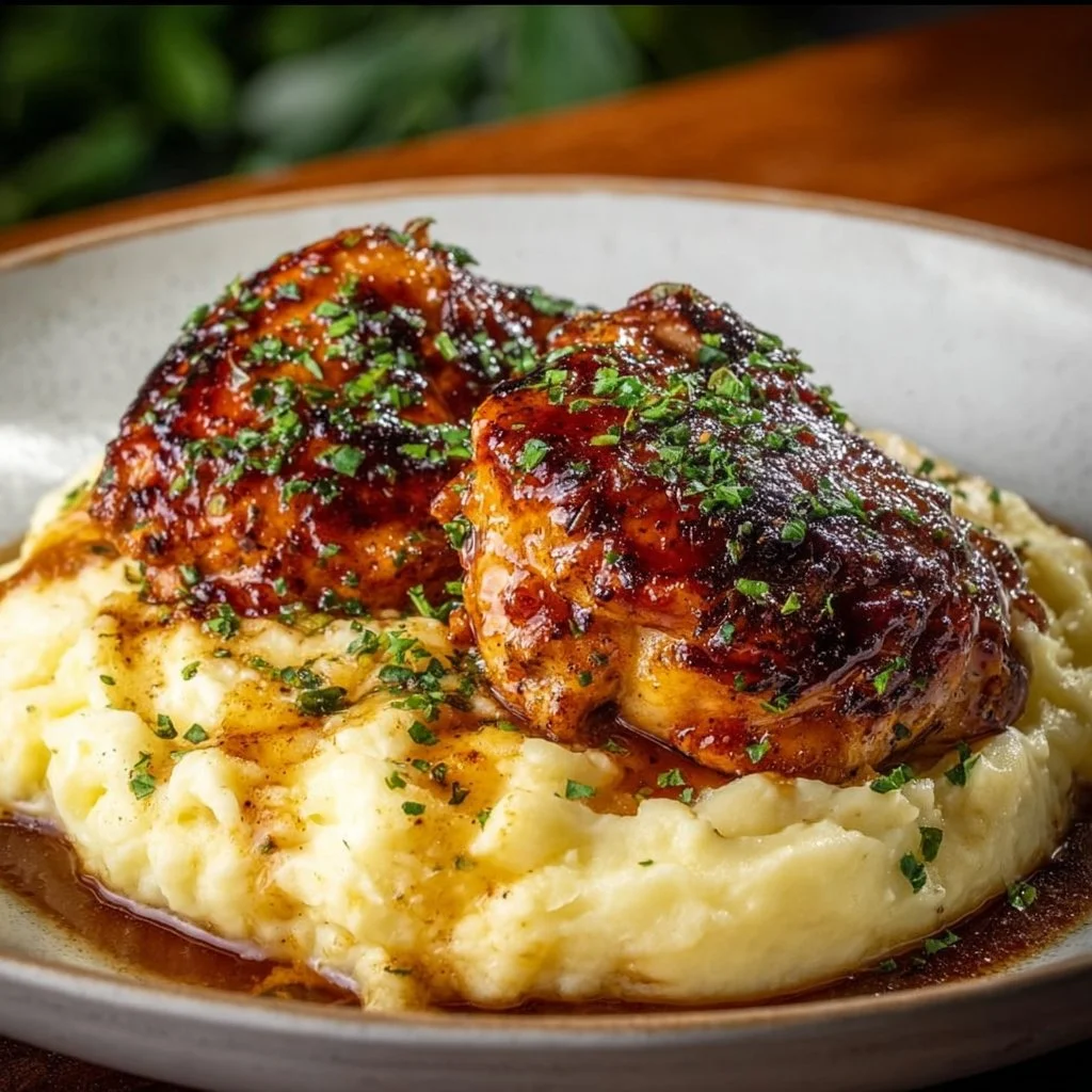 Chipotle Honey Chicken thighs served with smoked Gouda mashed potatoes