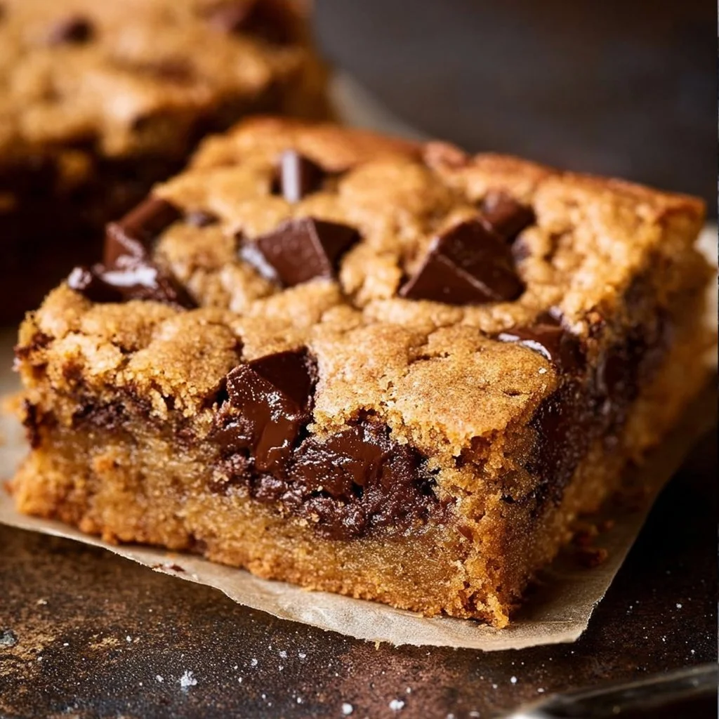 Delicious chocolate chip cookie bars with melty chocolate chunks on a wooden surface