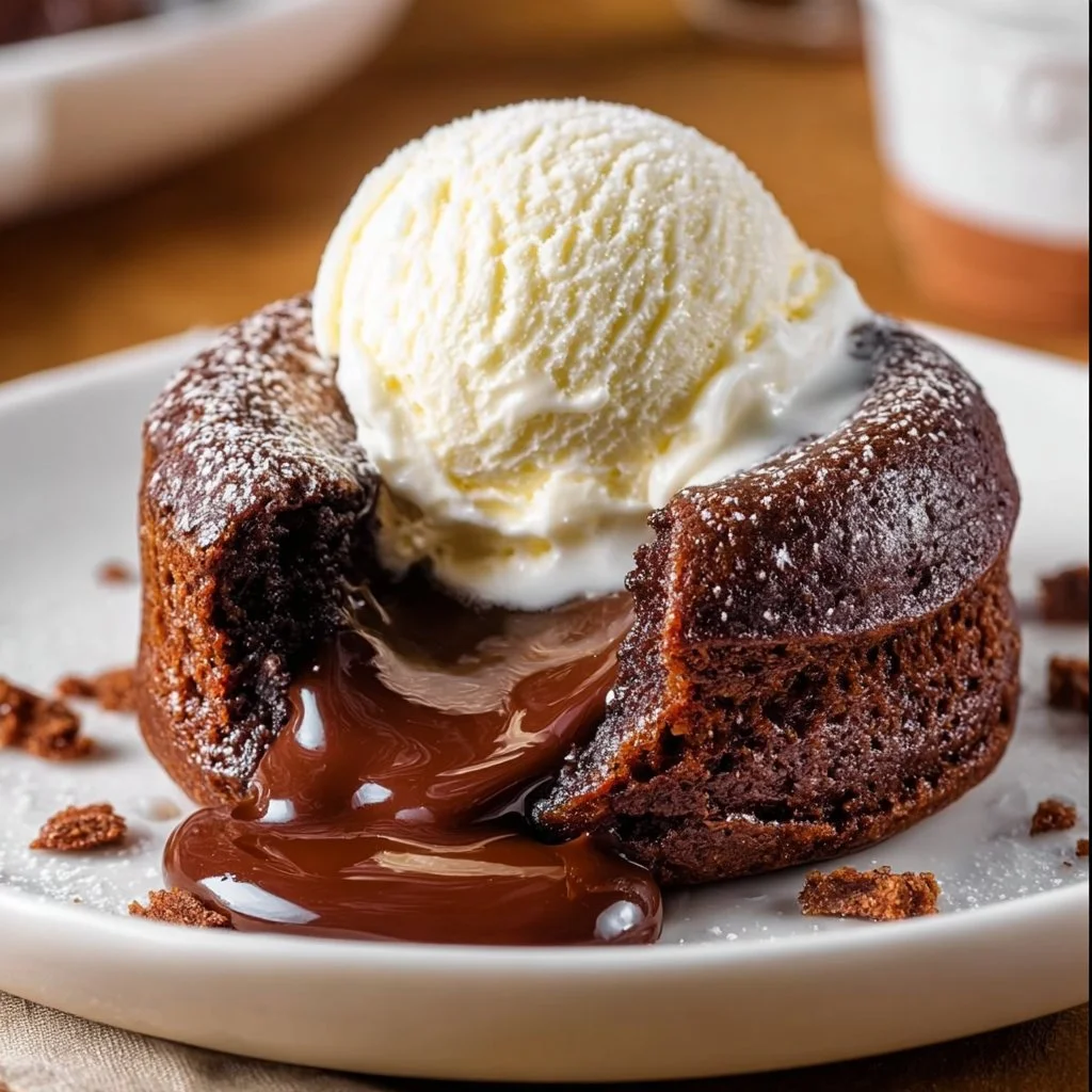 Delicious chocolate molten lava cake with a gooey center, plated elegantly.
