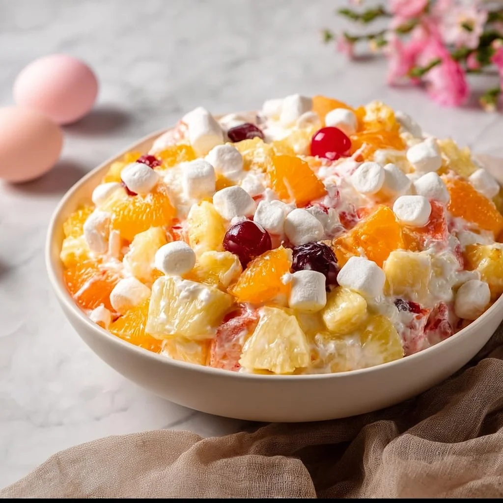 Coconut Ambrosia Salad featuring creamy coconut, fruit, and marshmallows.