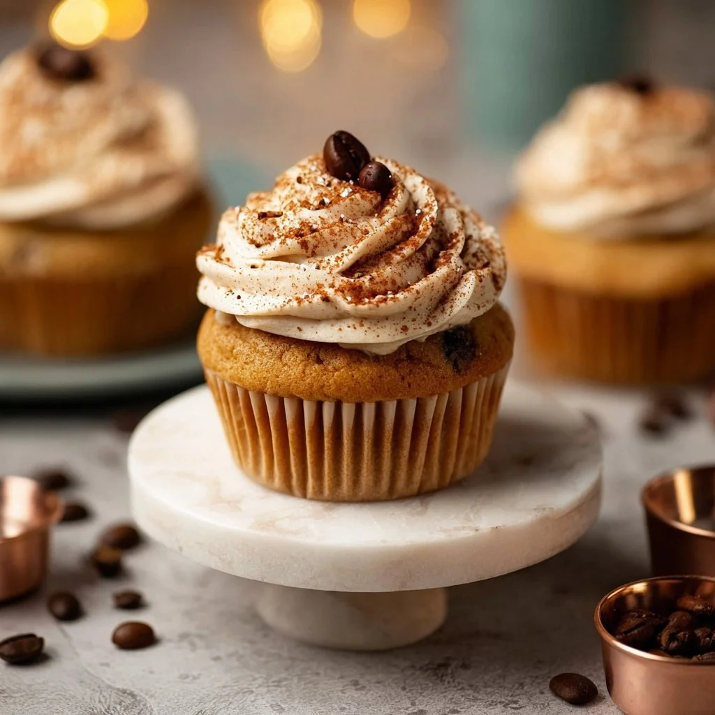 Delicious coffee cupcakes topped with creamy frosting and coffee beans