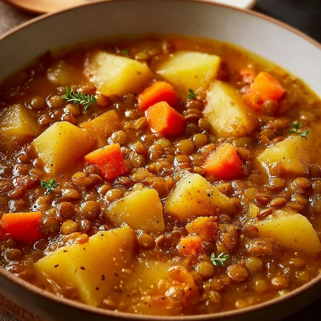 Bowl of Comfort Lentil Soup garnished with herbs and spices