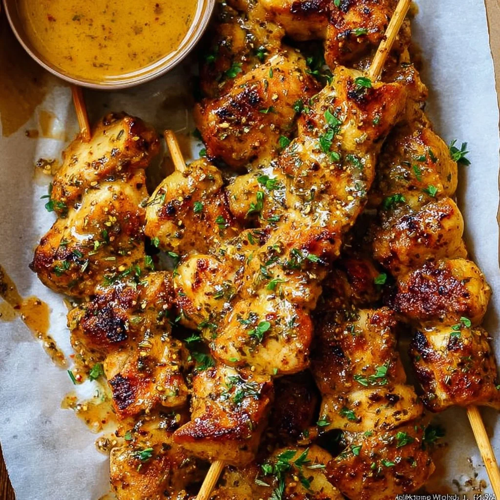 Delicious Cowboy Butter Chicken Skewers ready to be grilled for a flavorful meal.