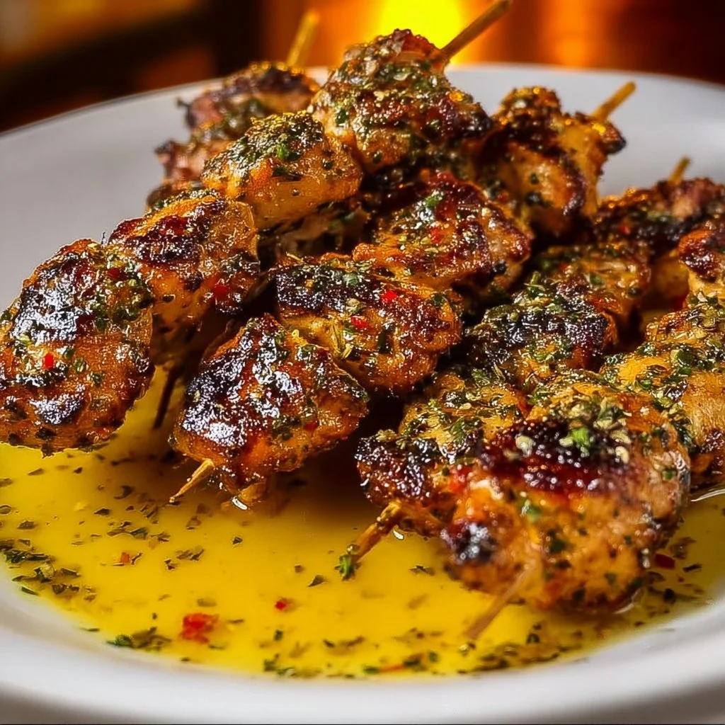 Cowboy Butter Chicken Skewers marinated in spicy butter chicken sauce on the grill